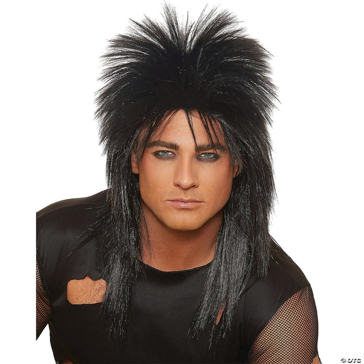 DreamGirl Unisex Rocker Wig Black, a person wearing a spiky, black rocker wig with long hair extensions.