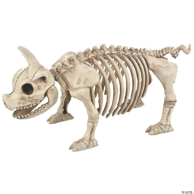 Seasons USA Pig Skeleton, plastic Halloween decoration featuring a detailed pig skeleton with a skull, ribs, and leg bones on a plain white background.