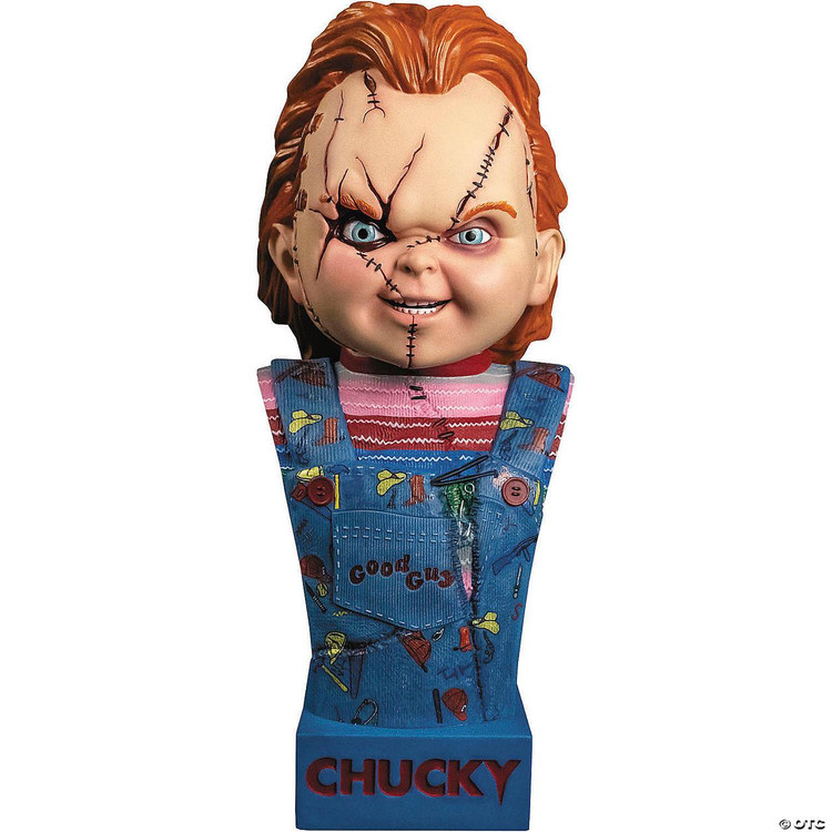 Trick or Treat Studios Chucky 15" Bust, detailed replica of Chucky doll from Child's Play with stitched face, orange hair, and colorful overalls, collectible movie prop.