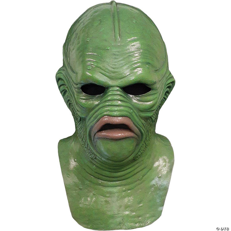 Trick or Treat Studios Creature Walks Among Us Gillma, detailed green alien creature mask with large head, dark eye holes, and textured skin for Halloween costumes and cosplay.