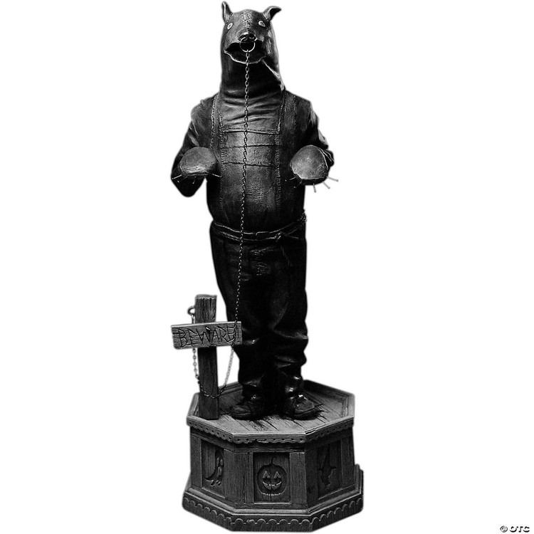 Trick or Treat Studios Ghosts Of Halloween Teddy Statue, Halloween-themed black teddy bear statue with a wolf's head, standing on a Halloween decorated wooden base with a warning sign.