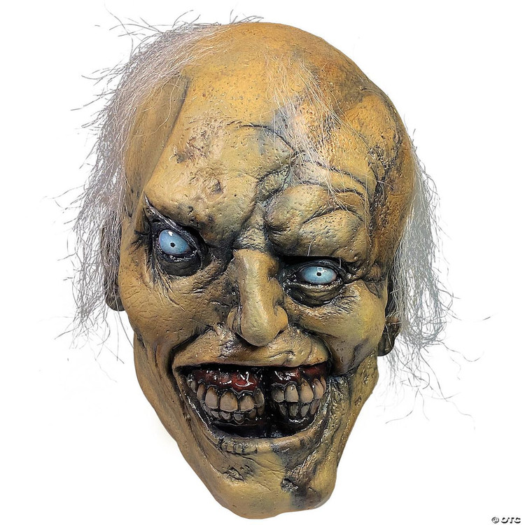 Trick or Treat Studios Jangly Man Mask, a creepy Halloween mask featuring a decayed zombie-like face with rotting flesh, blue eyes, wild gray hair, and a terrifying grimace.