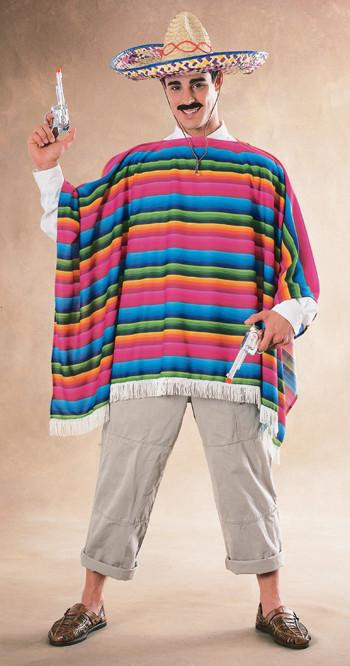 Rubies Adult Mexican Serape Costume, man dressed in colorful striped serape, straw sombrero, fake mustache, holding toy guns, and wearing beige pants and shoes.
