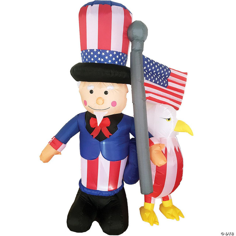 Product A Holiday Company Uncle Sam 6' Inflatable with Eagle, patriotic themed inflatable decoration featuring Uncle Sam and an eagle, suitable for holiday celebrations and patriotic events.