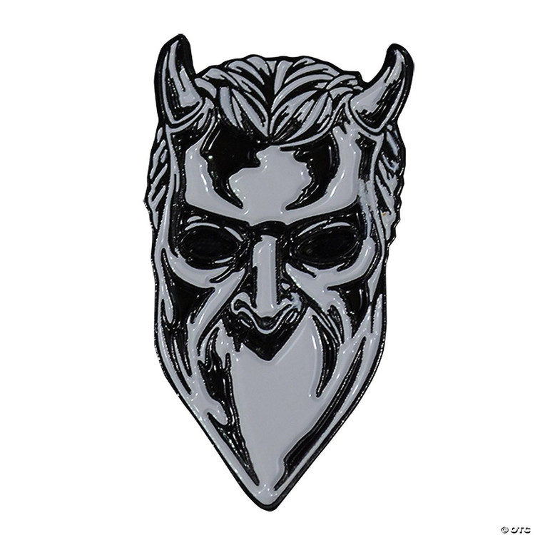 Trick or Treat Studios Nameless Ghoul Enamel Pin - Ghost Band, black and white enamel pin of a ghoul's face with a horned skull with a beard and long flowing hair.