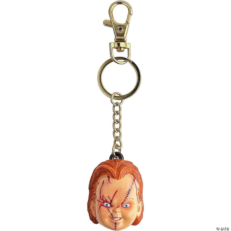 Trick or Treat Studios Seed Of Chucky Keychain, featuring a detailed Chucky doll head with scars and blue eyes, attached to a metal keyring and clip.