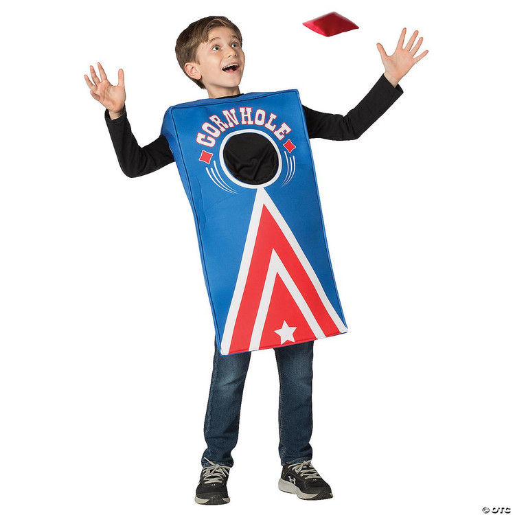 Rasta Imposta Cornhole Kids Costume, a blue and red cornhole board costume worn by a child, designed for fun and playful Halloween or party costume events.