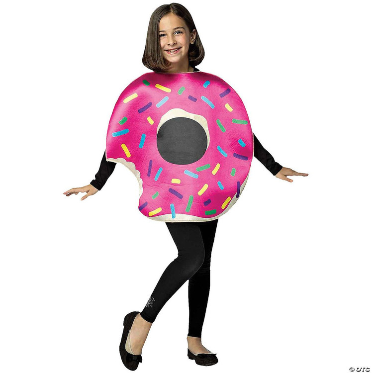 Rasta Imposta Strawberry Doughnut With Bit-Child costume, pink doughnut with colorful sprinkles and black center, worn by a smiling girl in black pants and shoes, kids costume for fun and parties.