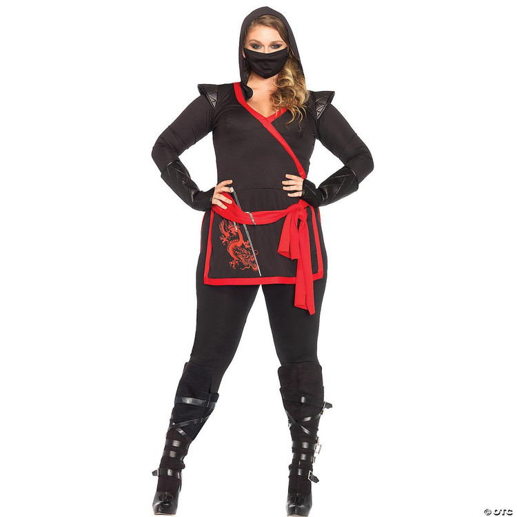 Leg Avenue Ninja Assassin Costume - Women's Plus Size, woman wearing a black and red ninja-themed costume with a mask, armor details, and a red sash, suitable for costumes and cosplay.