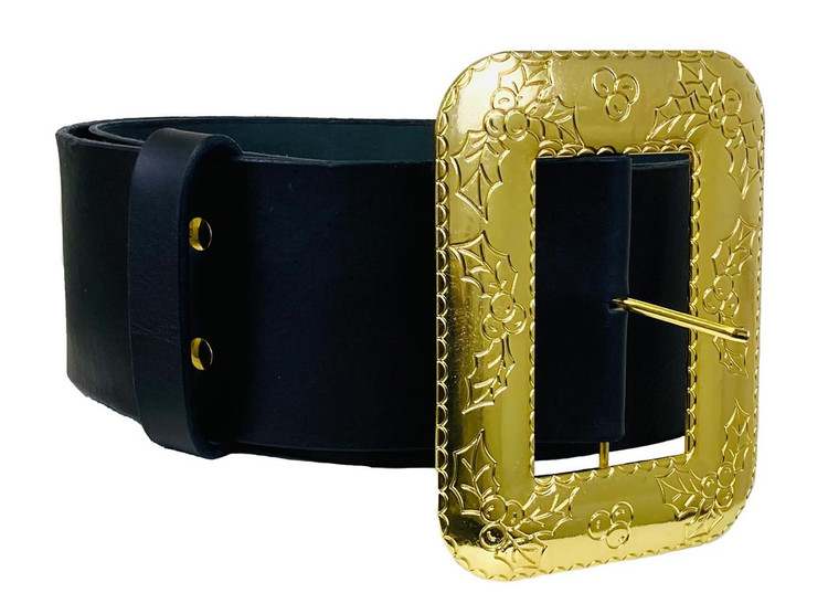 Halco Santa Belt With Cast Buckle-Leather, black leather belt with a decorative gold buckle featuring holiday holly and berry engravings.