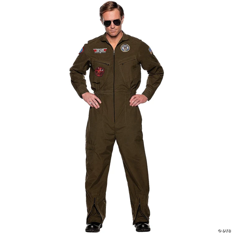 Underwraps Navy Top Gun Men Pilot Jumpsuit, a costume jumpsuit designed to look like a Top Gun fighter pilot's uniform, featuring patches, badges, and a front zip closure.