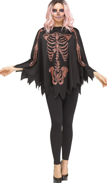 Fun World Poncho Rose Gold/Glitter Skeleton, black cape with rose gold glitter skeleton design and jagged hemline worn by a woman with pink hair and face painted as a skull, suitable for Halloween costumes.