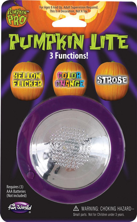 Fun World 3-Mode Pumpkin Lite, pumpkin-shaped decoration with three lighting functions including yellow flicker, color change, and strobe, for Halloween decor.