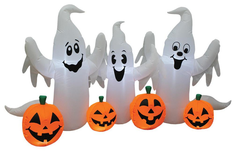 Morris Ghosts With Pumpkins 8' Wide Inflatable, festive Halloween inflatable displays with three laughing ghost figures and four orange pumpkin decorations with green stems.