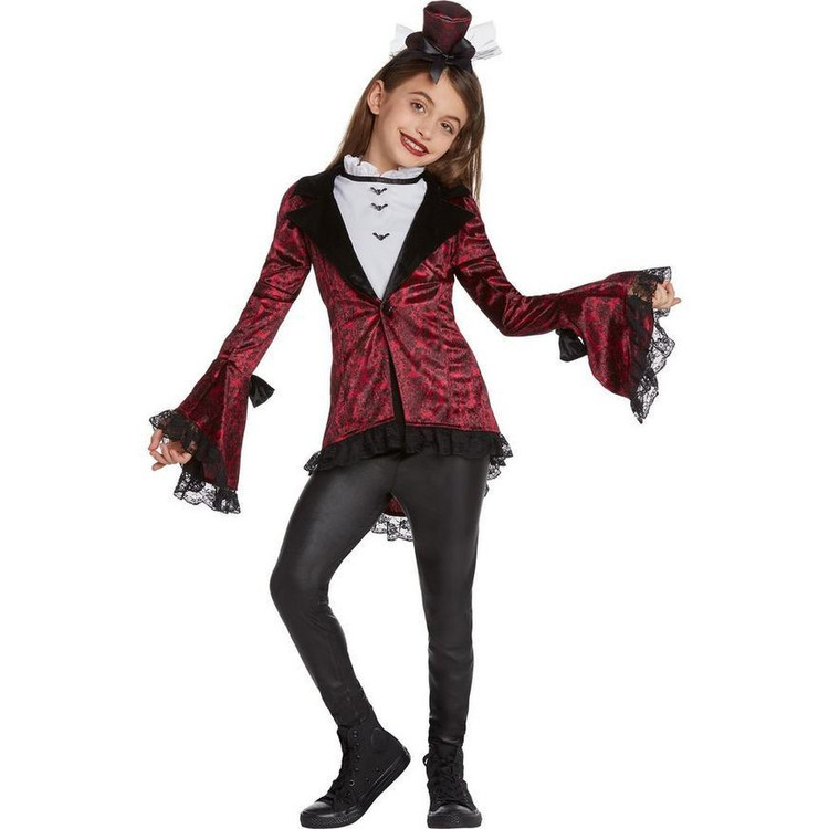 Amscan Vampire Darling Costume Child Large, a young girl dressed in a vampire costume with a red and black velvet jacket, black leggings, a white shirt with black accents, and a vampire-style hat, perfect for Halloween.