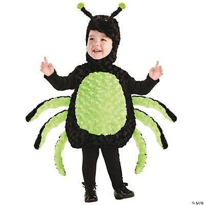 Underwraps Spider Costume Toddler, adorable toddler wearing a black and green spider costume with leg and arm details, and antennae on the hood, perfect for Halloween or dress-up events.