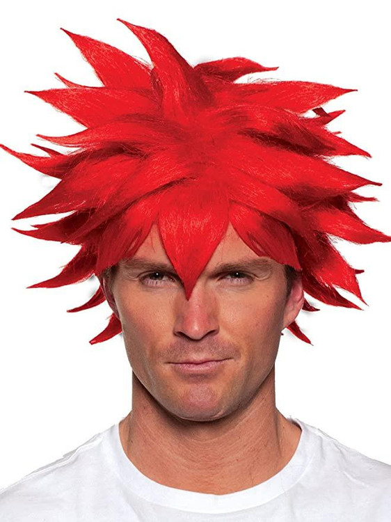 Underwraps Crunchyroll Anime Red Spiky Wig - Men's Officially Licensed, red spiky anime-style wig worn by a man, cosplay costume accessory.
