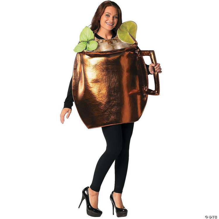 Rasta Imposta Moscow Mule with Mint & Lime costume, person wearing a large copper mug costume with mint leaves and lime slices on top, stylish black outfit, high heels.