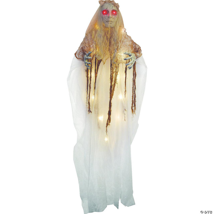 Sunstar 70" Hanging Illuminated Ghost Bride Decoration, glowing ghostly bride with long flowing dress, skeletal hands, and a spooky skull face with glowing red eyes.