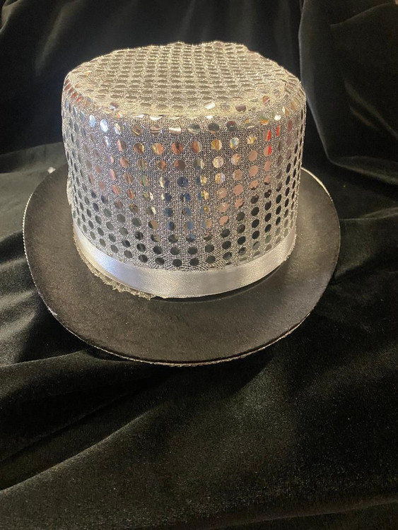 Fantasy Costumes Sequin Top Hat - Silver, Silver metallic top hat with perforated design and a white ribbon band, perfect for costumes and parties.