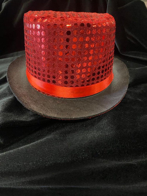 Fantasy Costumes Sequin Top Hat - Red, a stylish red glittery top hat with a sequin pattern and satin ribbon, perfect for costumes and dress-up events.