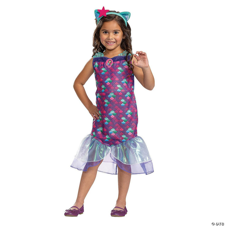 Disguise Mercat Classic Costume Toddler, young girl dressed as a mermaid character with a colorful scaled dress, holographic ruffle at the hem, and a matching headband with cat ears and star decoration.