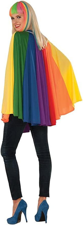 Forum Rainbow Cape, colorful rainbow cape with vibrant rainbow colors draped over a smiling woman in black jeans and blue high heels.