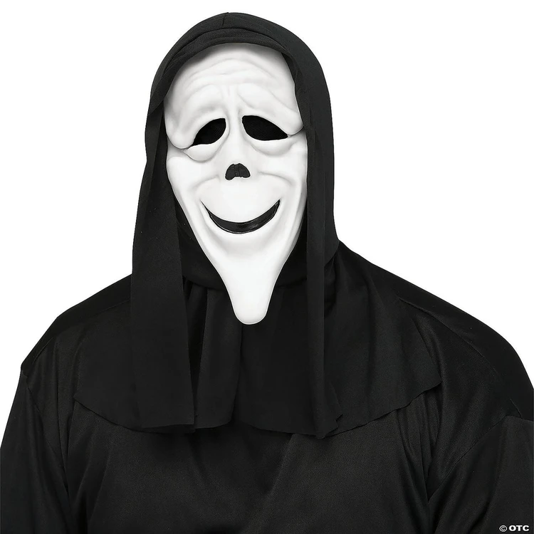 Fun World Scary Movie Stoned Mask, white horror mask with exaggerated facial features and black detailing, worn with a black hooded cloak.