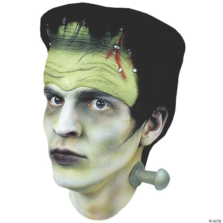 Ghoulish Hair & Bolts Monster Mask Headpiece-Frankenstein, a detailed green Frankenstein monster mask with black hair and bolts on the neck for a spooky Halloween costume.
