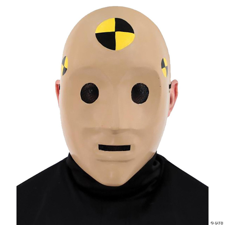 Morris Crash Test Dummy Mask, a beige latex mask with black and yellow crash test pattern markings on the top and sides.