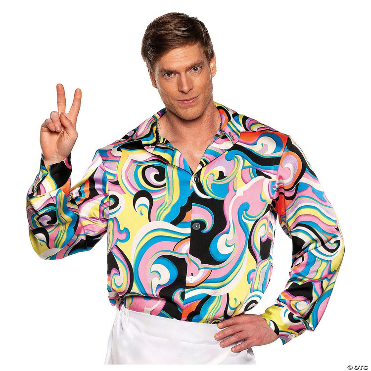 Underwraps 60s Multicolor Costume Shirt, a vibrant and colorful psychedelic patterned shirt with swirling designs in pink, yellow, blue, black, and white, worn by a male model.