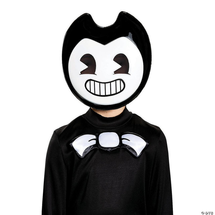 Disguise Bendy and the Ink Machine Bendy Half Mask, a large cartoonish black and white mask with a smiling face, black hair, and expressive features, worn by a person in a black costume.