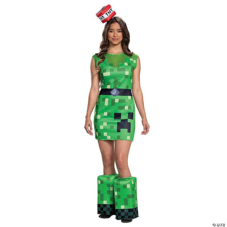 Disguise Minecraft Creeper Woman's Adult Costume, green pixelated Minecraft Creeper dress with accompanying hat and boots design.