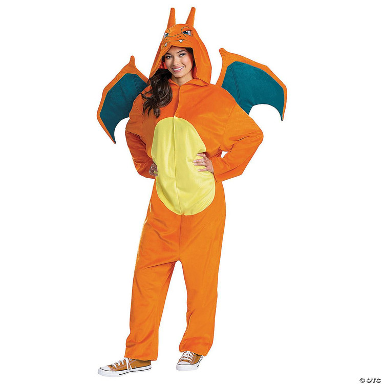 Disguise Pokémon Charizard Deluxe Costume for Adults, a bright orange dragon costume with wings, hood featuring Charizard's face, and a yellow belly, ideal for cosplay or themed parties.