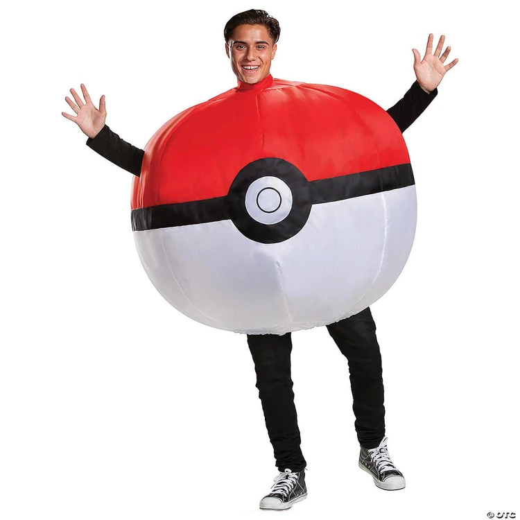 Disguise Poké Ball Inflatable Costume - Adult, a large red and white inflatable costume resembling a Poké Ball from Pokemon worn by a smiling man.