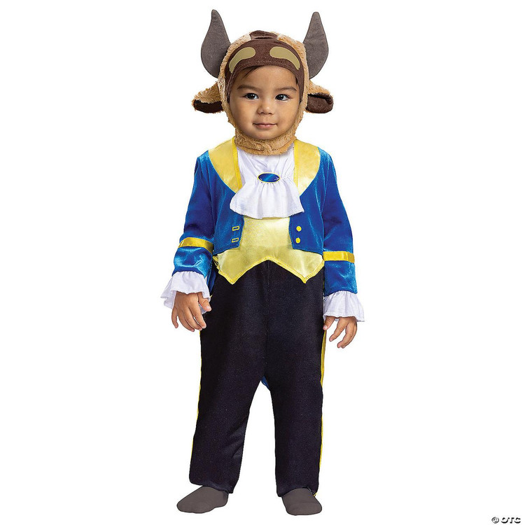 Disguise Beauty and the Beast Beast Costume-Baby Posh, young child dressed in a Beast costume from Beauty and the Beast, featuring a detailed headpiece with ears and horns, a blue and yellow jacket, and black pants.