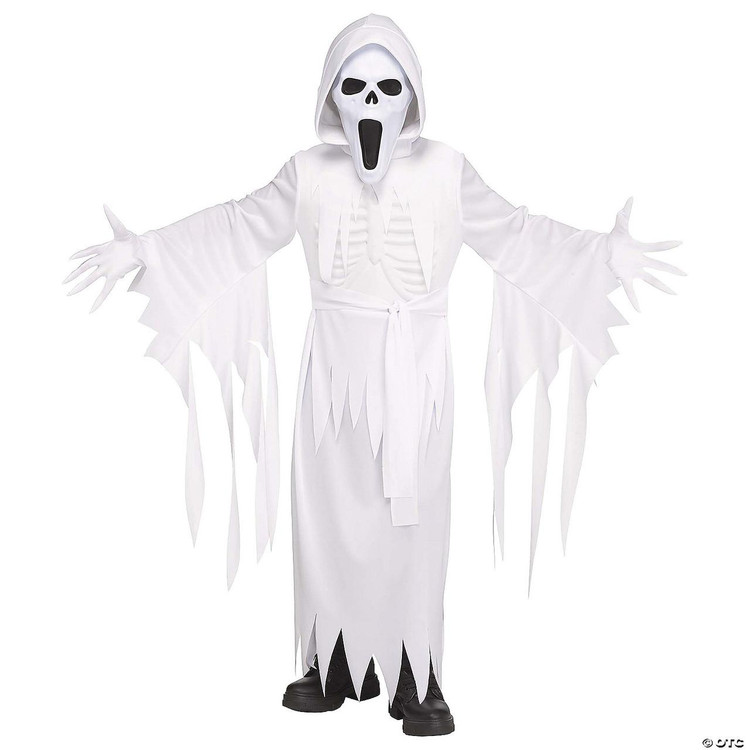 Fun World The Banshee Ghost Costume - Child, a white ghostly costume with a hood, skeletal chest detail, and a spooky ghost face mask, suitable for Halloween or costume parties.