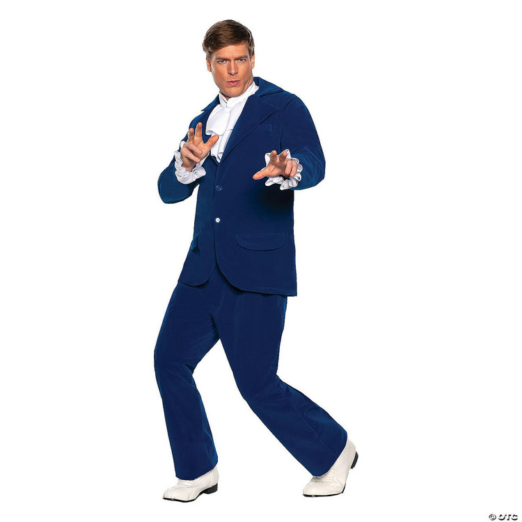 Underwraps Groovy Sixties Costume - Blue, a man dressed in a vibrant blue 1960s style suit with wide-legged pants, a matching jacket, and white boots, striking a playful pose.