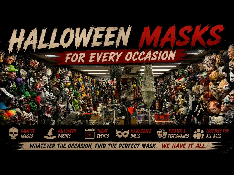 Wall of scary Halloween latex masks on display at our Chicago store