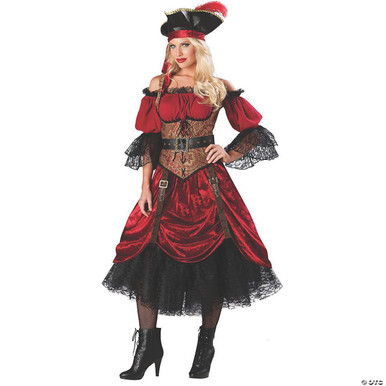 pirate dress COSTUME RENTAL The sleeve cuffs and front placard are a gold and black striped metallic brocade with matching gold trim and gold lace Swashbucklin' Scarlet Costume