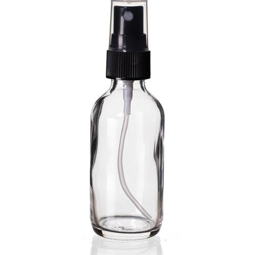 8-Ounce Clear Glass Spray Bottles (2-Pack) Boston Round Bottles w/  3-Setting Adjustable Black Heavy Duty Sprayers & Chalk Labels