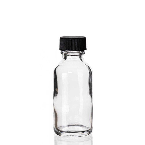 16 oz Clear Glass Boston Round Bottle with Black Cap