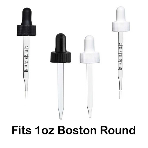 1 oz. Amber Boston Round with Black Nitrile Glass Dropper (20/400) (V2