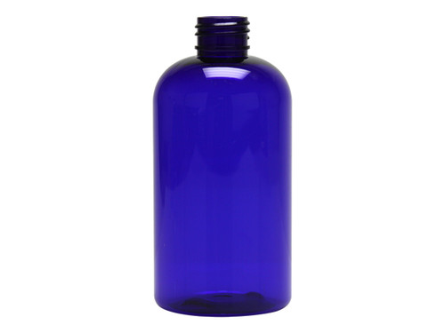 8 Oz. Blue PET Plastic Boston Round Bottle 24/410 Thread