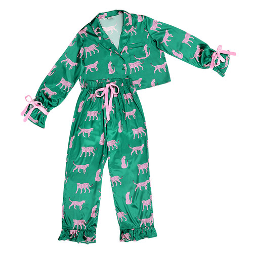 Long Sleeve Cropped Ruffled Top + Ruffled Pant PJ Set with Velvet Ties - Green + Cheetahs