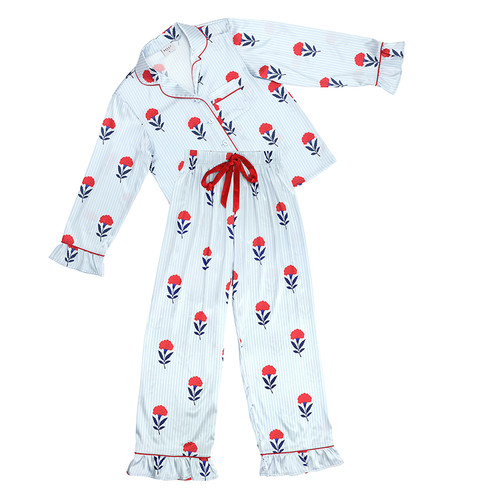 Full-Length Ruffled PJ Set with Velvet Tie - Red, White + Blue Floral
