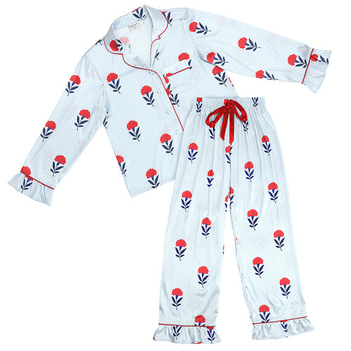 Full-Length Ruffled PJ Set with Velvet Tie - Red, White + Blue Floral