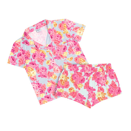 Bamboo Short Sleeve Top + Square Short PJ Set - Blue + Rose Floral