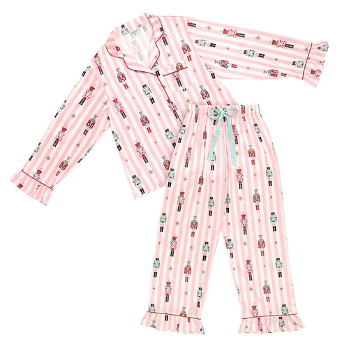 Full-Length Ruffled PJ Set with Velvet Tie - Pink Stripes + Nutcrackers 