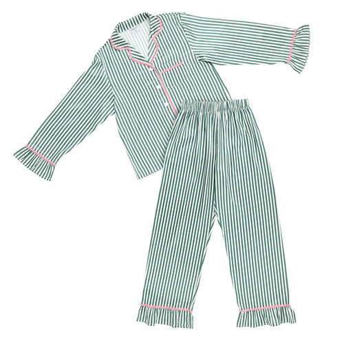 Full-Length Ruffled PJ Set - Ivory + Green Stripes with Pink Rick Rack Trim